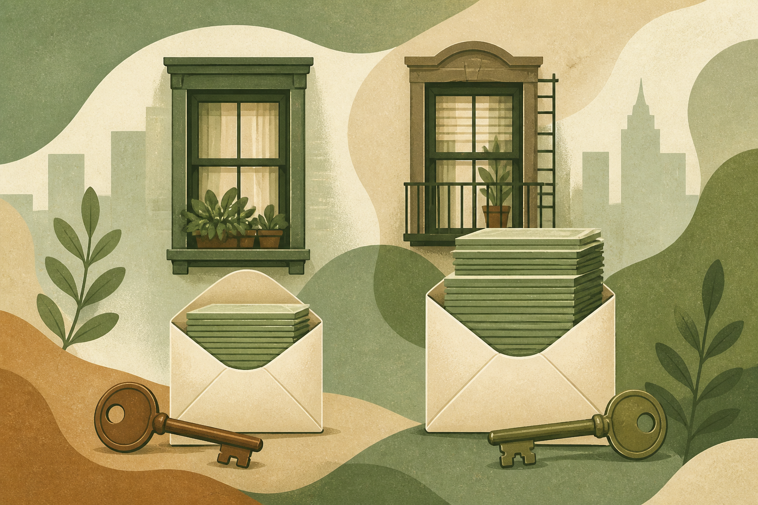Illustrated thumbnail: two apartment windows with two rent envelopes of different heights and a key in front of each.