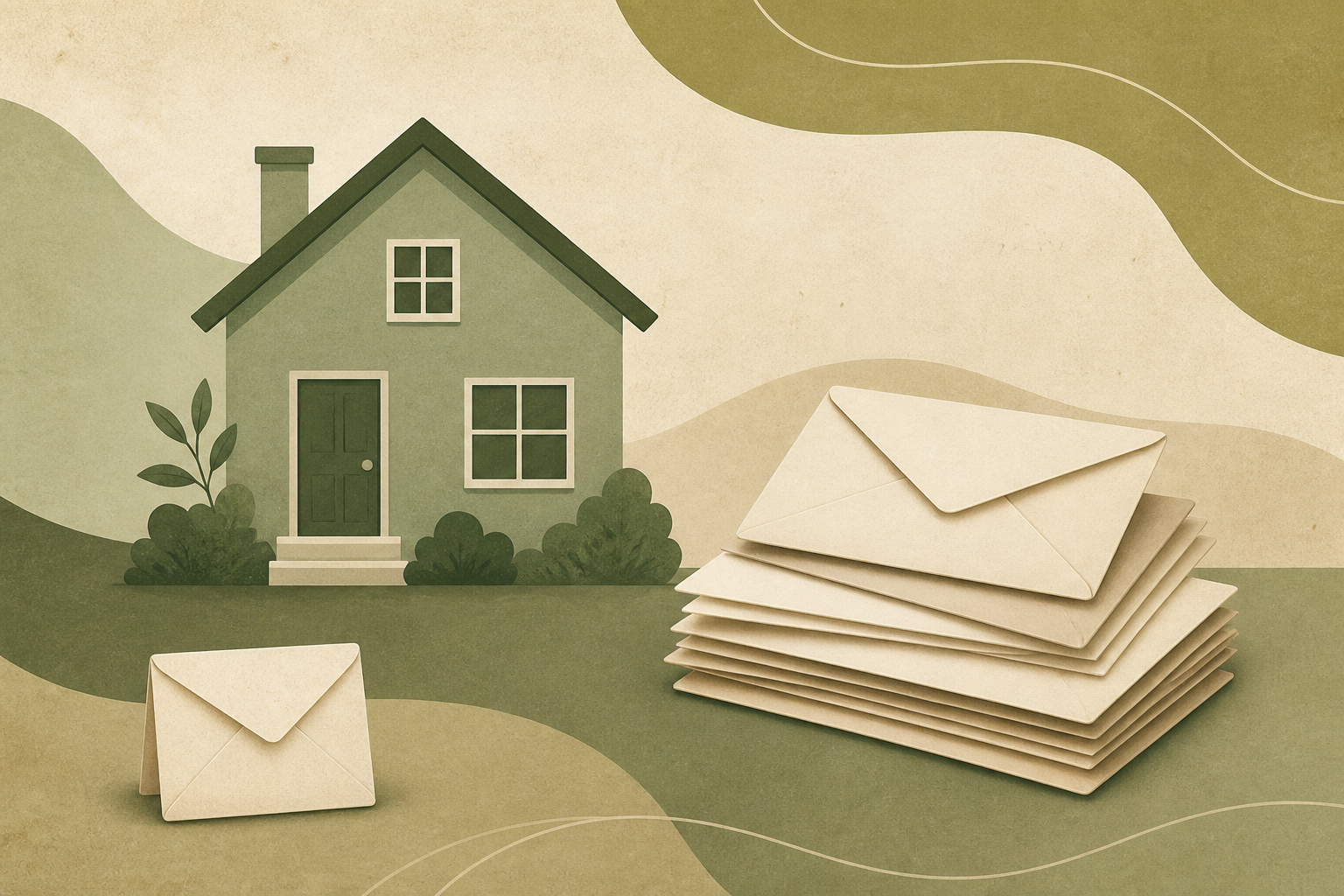 Illustrated thumbnail: a small house beside a stack of cream envelopes, suggesting fees besides the down payment.