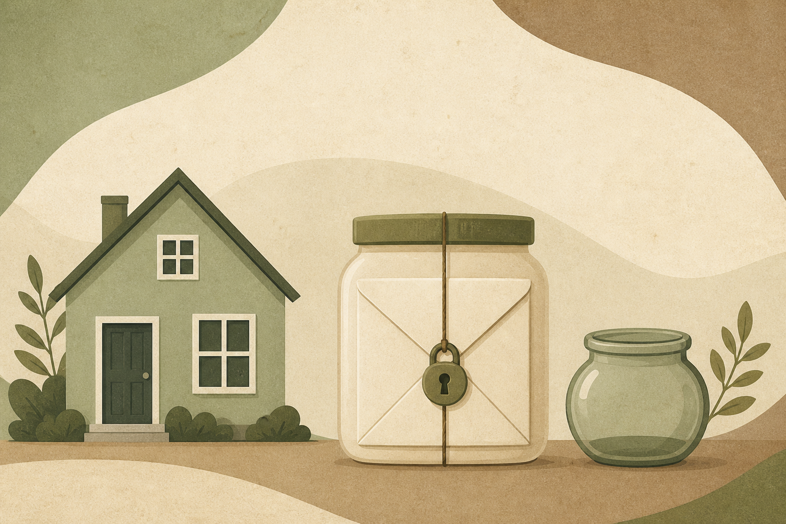 Illustrated thumbnail: a house, a locked jar holding an envelope, and a separate open jar, suggesting escrow money is not spendable savings.