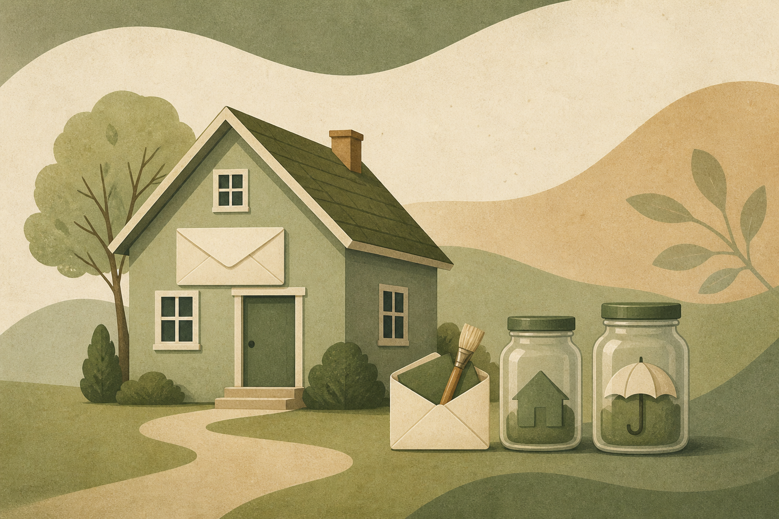 Illustrated thumbnail: a modest house with jars and an envelope for taxes, insurance, and repairs still sitting beside it.