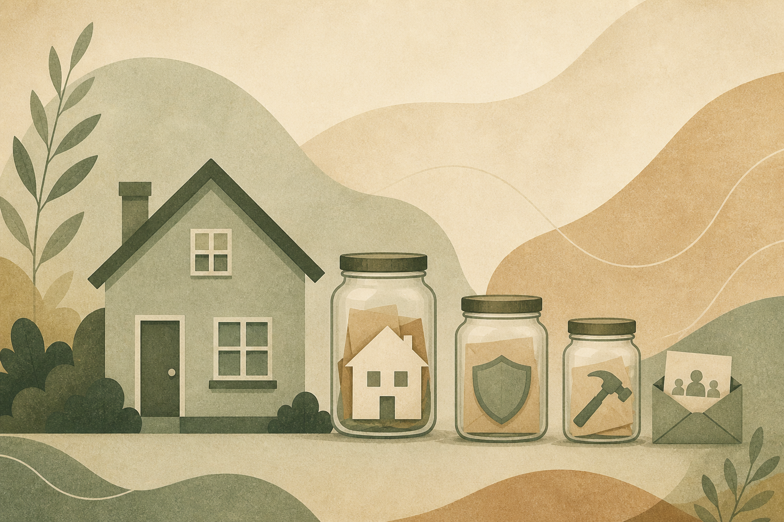 Illustrated thumbnail: a small house beside jars and an envelope standing in for taxes, insurance, repairs, and HOA costs.