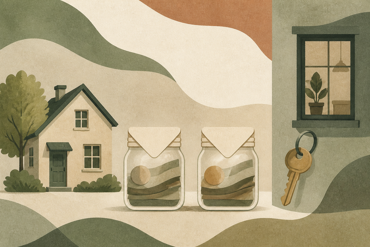 Illustrated thumbnail: a small house on one side, an apartment window and key on the other, two similar jars between them.