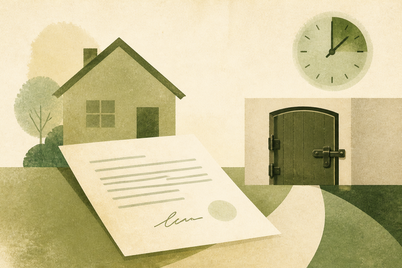 Illustrated classroom thumbnail: house, contract, and a closed timed exit door on warm sage paper grain