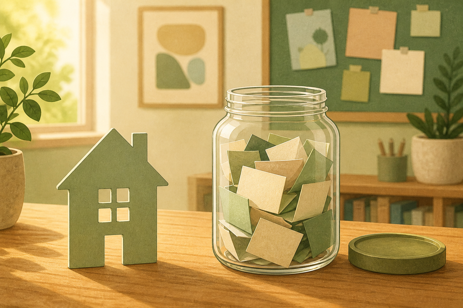 Illustrated sage house cutout beside a jar of blank paper slips on a wooden table — classroom graphic, no text