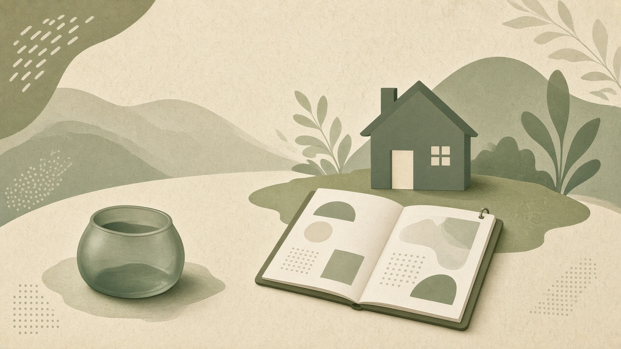 Illustrated sage-and-cream thumbnail: a small house beside an open blank notebook and an empty jar, suggesting a home warranty and a repair budget are different piles