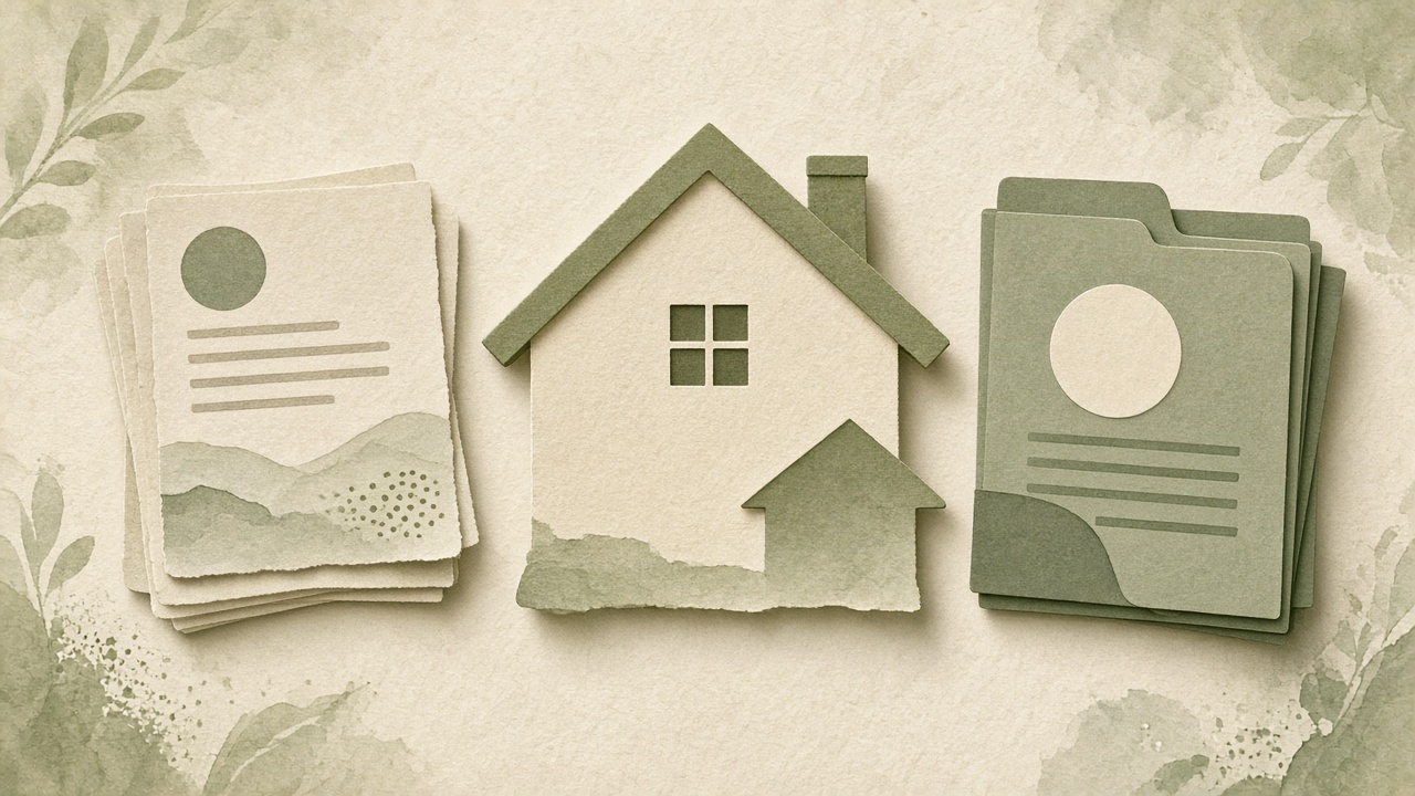 Illustrated house between two document piles on warm sage paper — title vs homeowners classroom thumbnail